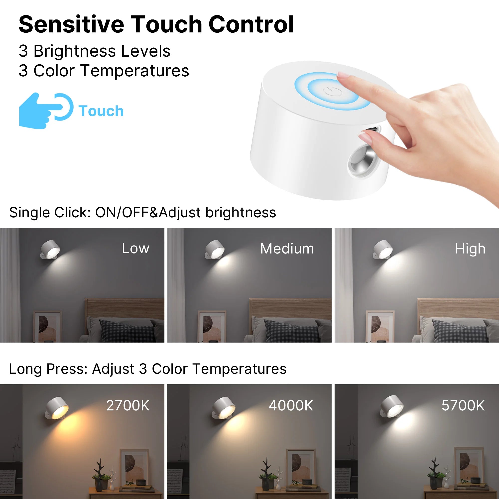 LED Wall Sconces light, 3 Brightness Levels 3 Color Modes Wall Lights, 2000mAh Battery Operated 360° Rotatable Touch Control